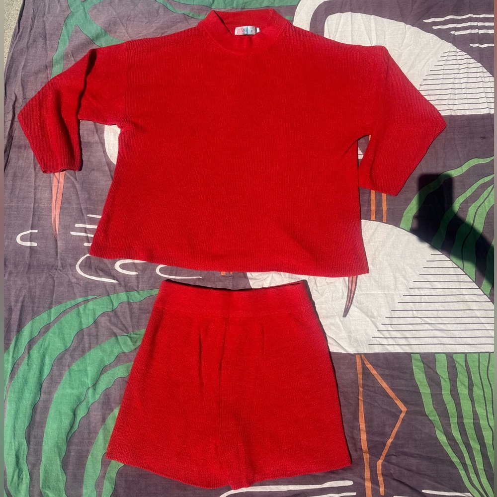 Red Knit Sweater and Shorts Set
